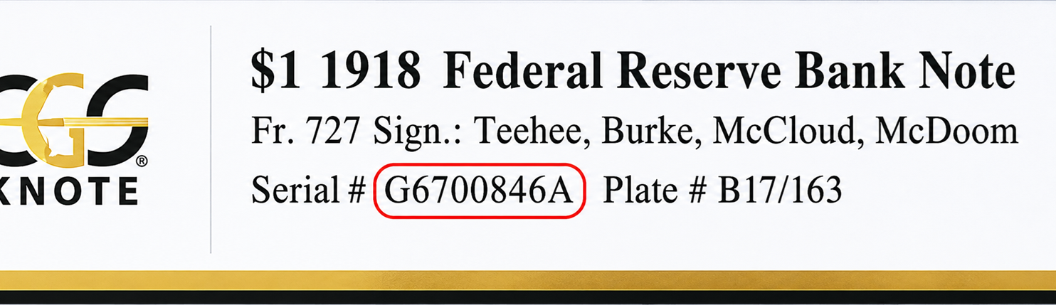 PMG / Currency label showing where the serial number is (circled)