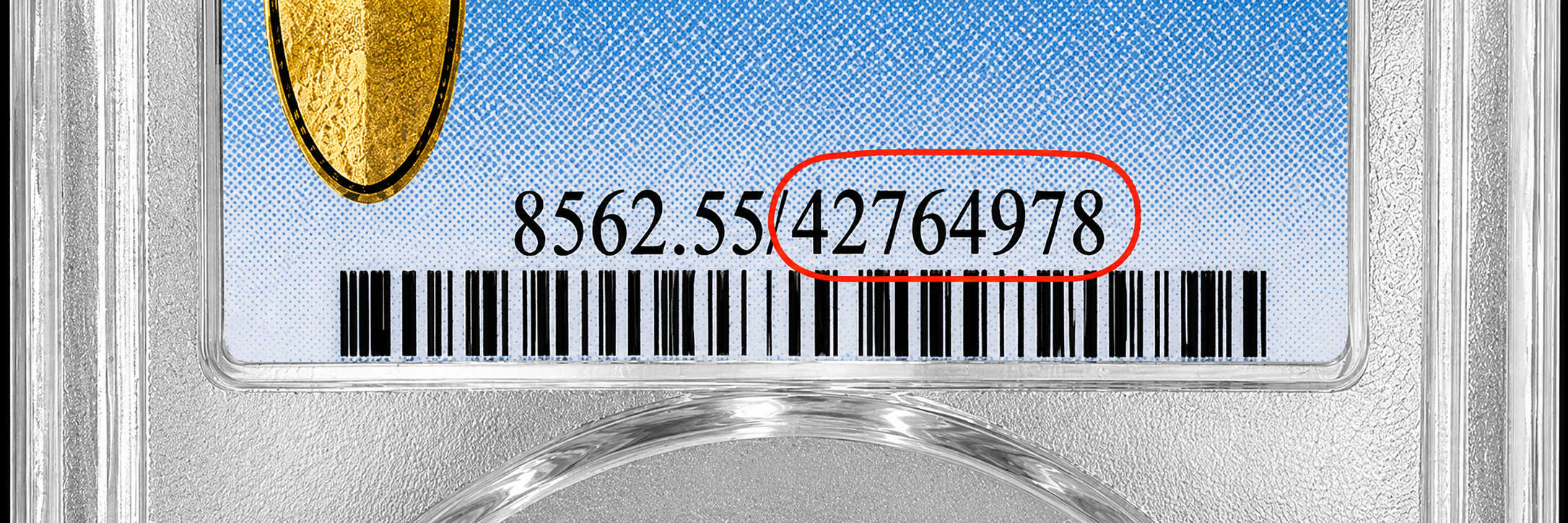PCGS label showing where the serial number is (circled)